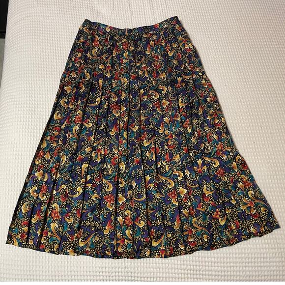 VTG Anne Crimmins for Umi Collections Black Floral Pleated Silk Skirt Set Med 10 - Picture 4 of 16